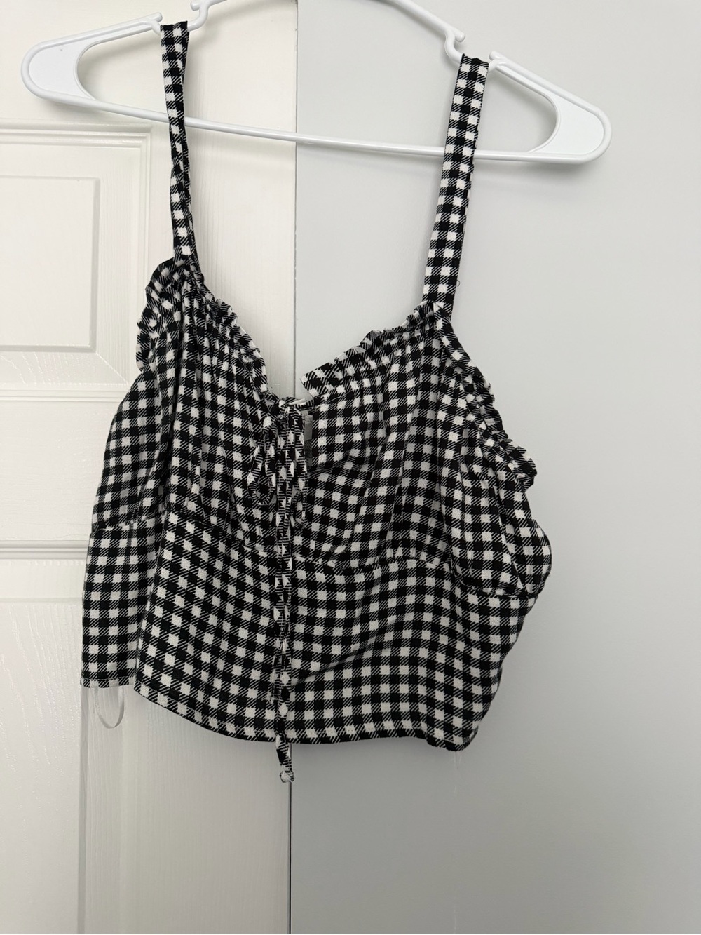 Pink Rose Black and White Gingham Tie-Front Cropped Cami